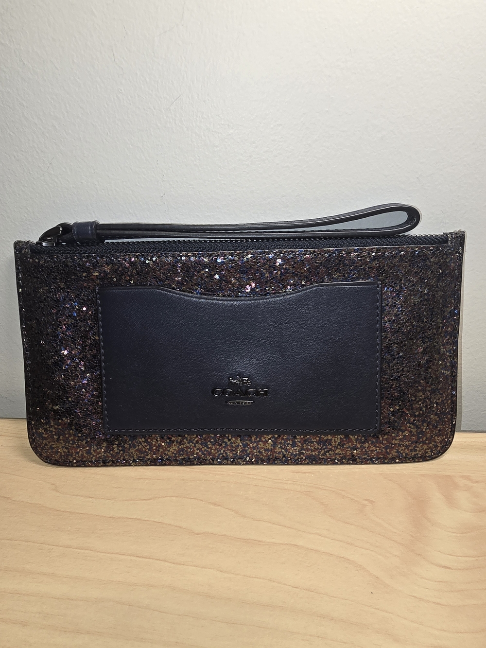 COACH F55642 Glitter Wristlet Pouch Multicolor Navy Blue Leather Card Slots